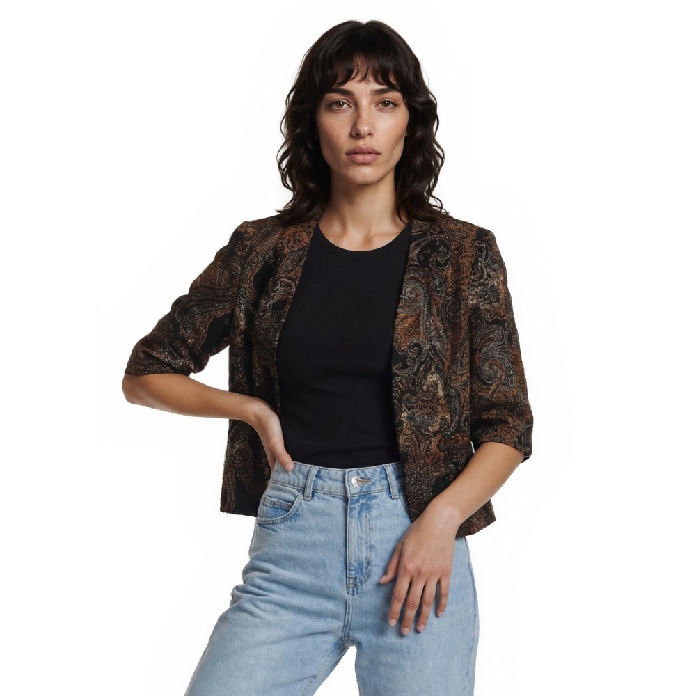 Alex Evenings Jacket Blazer‎ Blouse Women's Size 3X Brown Gold Paisley Metallic